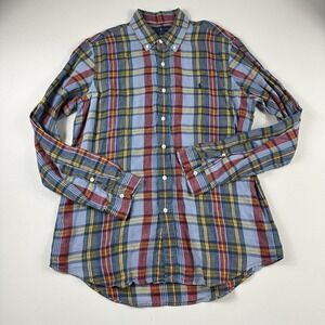 Ralph Lauren Indigo Linen Button Down Long Sleeve Shirt Mens Large Plaid